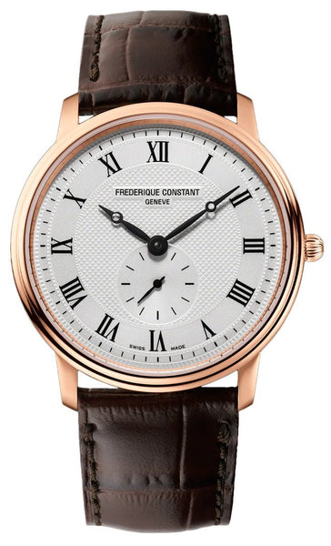 Frederique Constant Slimline Small Seconds Rose Gold - Plated Silver Dial Brown Leather Strap Quartz Mens Watch FC - 235M4S4 - WAB - Shipping Dept.