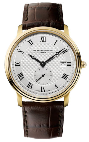 Frederique Constant Slimline Small Seconds Yellow Gold Plated Steel Silver Dial Brown Leather Strap Date Quartz Mens Watch FC - 245M4S5 - WAB - Shipping Dept.