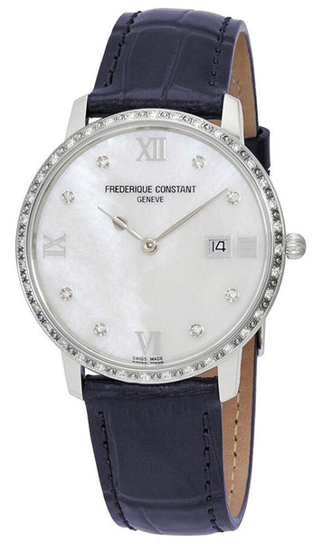 Frederique Constant Slimline Stainless Steel Mother - of - Pearl Dial Blue Leather Strap Diamonds Date Quartz Womens Watch FC - 220MPWD3SD6 - WAB - Shipping Dept.