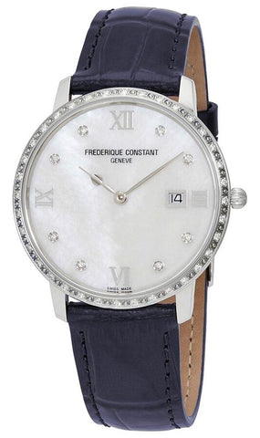 Frederique Constant Slimline Stainless Steel Mother - of - Pearl Dial Blue Leather Strap Diamonds Date Quartz Womens Watch FC - 220MPWD3SD6 - WAB - Shipping Dept.