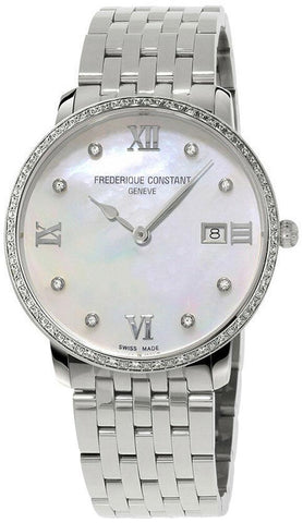 Frederique Constant Slimline Stainless Steel Mother - of - Pearl Dial Diamonds Date Quartz Womens Watch FC - 220MPWD3SD6B - WAB - Shipping Dept.