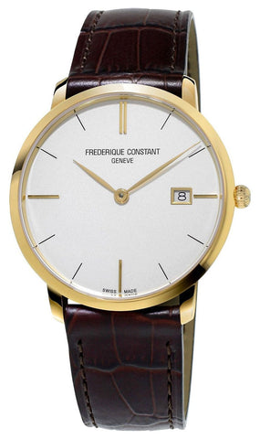 Frederique Constant Slimline Yellow Gold Plated Silver Dial Brown Leather Strap Date Quartz Mens Watch FC - 220V5S5 - WAB - Shipping Dept.