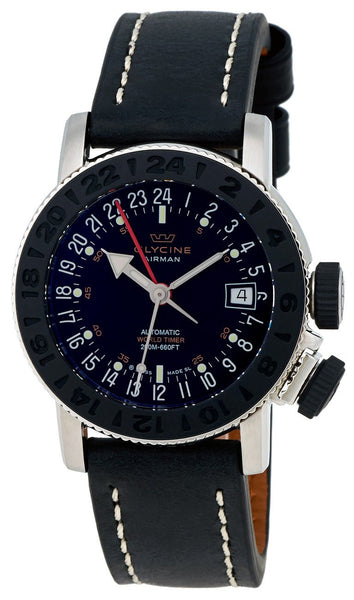 Glycine Airman 18 Sphair Automatic GMT World Timer Steel Mens Strap Watch 3928.191 LB9B - WAB - Shipping Dept.