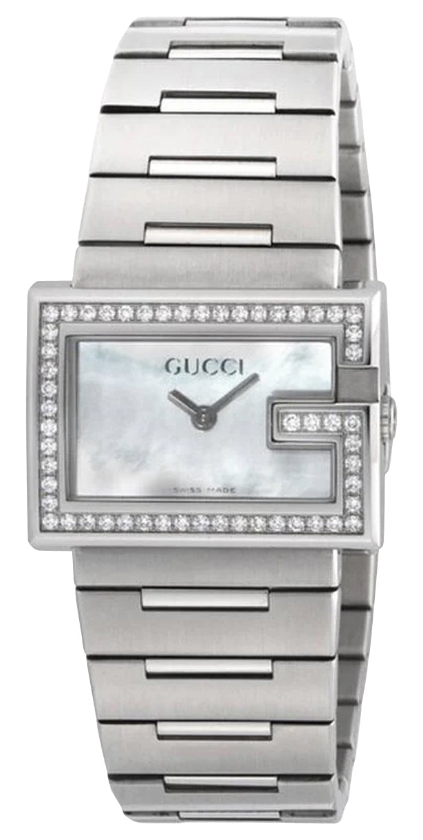 Gucci 100-Series G-Frame Stainless Steel Mother-Of-Pearl Dial Diamonds Quartz Womens Watch YA100510 - Watches & Beyond