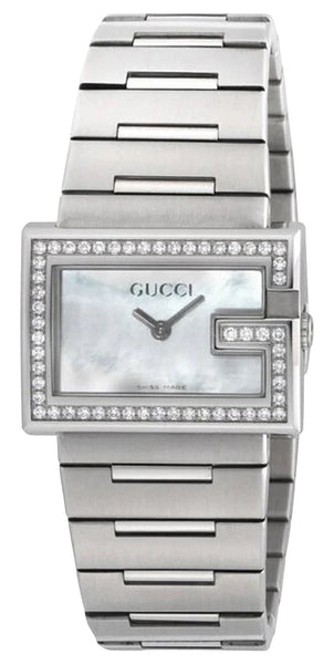 Gucci 100-Series G-Frame Stainless Steel Mother-Of-Pearl Dial Diamonds Quartz Womens Watch YA100510 - Watches & Beyond