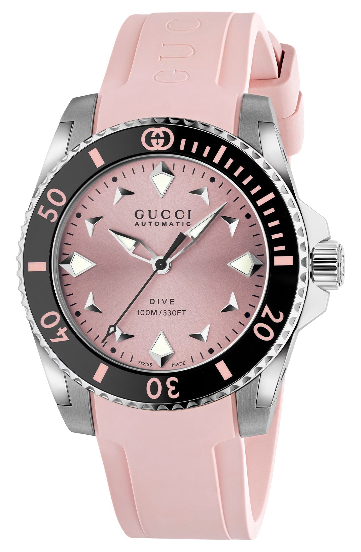 Gucci Dive Automatic Stainless Steel Pink Dial Pink Rubber Strap Womens Watch YA136408 - Watches & Beyond
