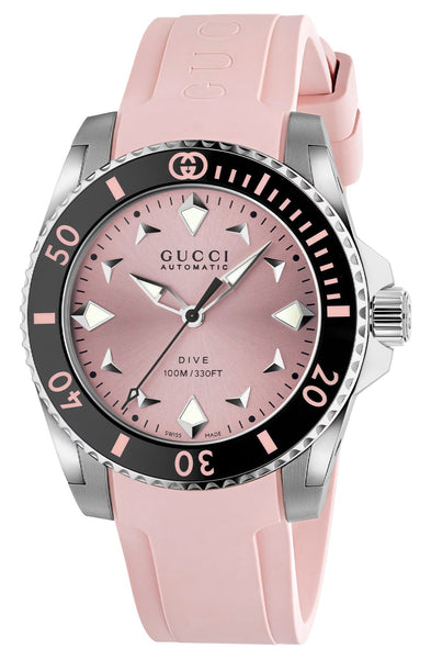 Gucci Dive Automatic Stainless Steel Pink Dial Pink Rubber Strap Womens Watch YA136408 - Watches & Beyond