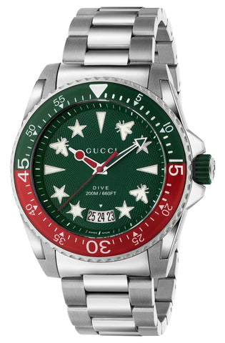 Gucci Dive Stainless Steel Green Dial Date Divers Quartz Mens Watch YA136222 - WAB - Shipping Dept.