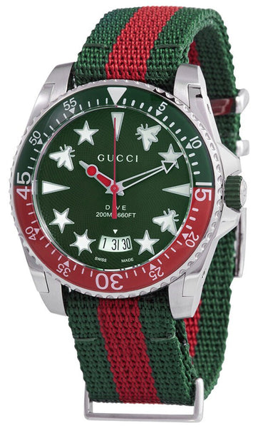 Gucci Dive Stainless Steel Green Dial Green/Red Nylon NATO Strap Date Divers Quartz Mens Watch YA136339 - WAB - Shipping Dept.