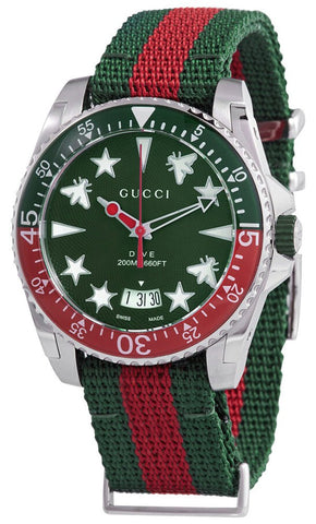 Gucci Dive Stainless Steel Green Dial Green/Red Nylon NATO Strap Date Divers Quartz Mens Watch YA136339 - WAB - Shipping Dept.