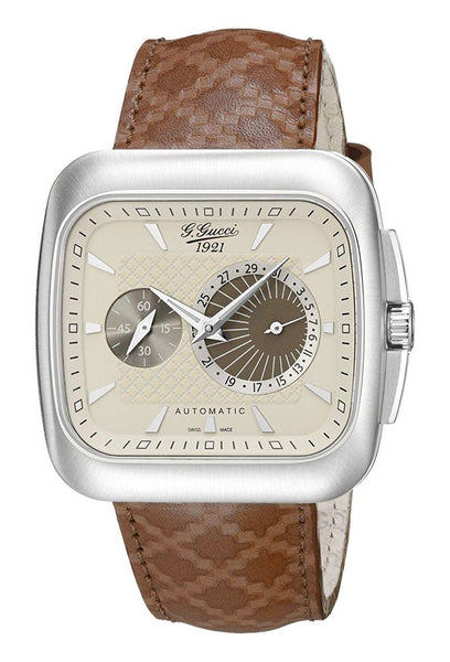 Gucci G - Coupe Special Edition Automatic Stainless Steel YA131307 Cream Dial Date Brown Leather Strap Mens Watch - WAB - Shipping Dept.