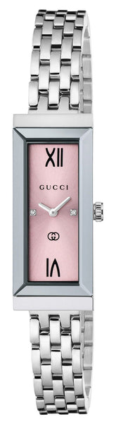 Gucci G - Frame Stainless Steel Pink Dial Diamonds Rectangle Quartz Womens Watch YA127516 - Watches & Beyond