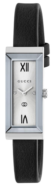 Gucci G - Frame Stainless Steel Silver - Tone Dial Black Leather Strap Diamonds Rectangle Quartz Womens Watch YA127515 - Watches & Beyond