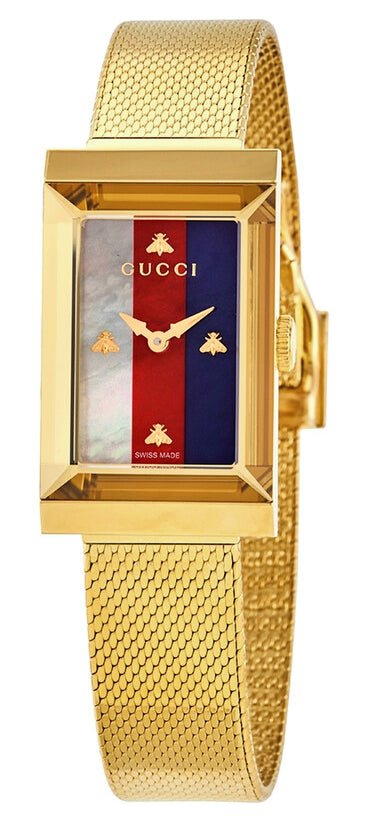 Gucci G-Frame Yellow Gold PVD Steel Mesh Multicolored Mother-Of-Pearl Dial Quartz Womens Watch YA147410 - Watches & Beyond