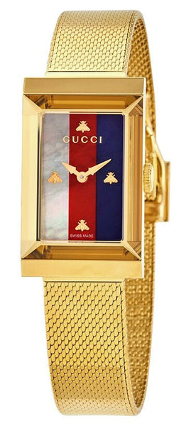 Gucci G-Frame Yellow Gold PVD Steel Mesh Multicolored Mother-Of-Pearl Dial Quartz Womens Watch YA147410 - Watches & Beyond