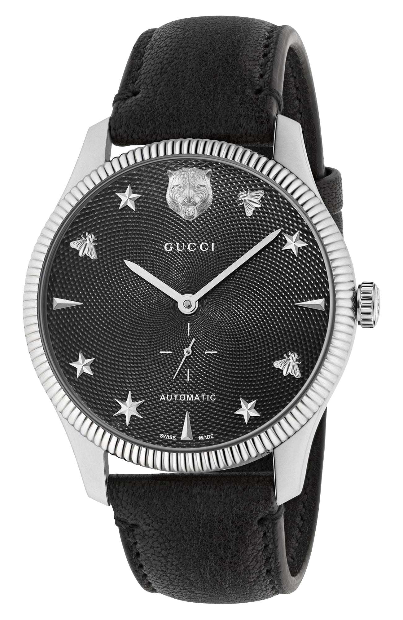 Gucci G-Timeless Automatic Stainless Steel Black Dial Black Leather Strap Mens Watch YA126365 - Watches & Beyond