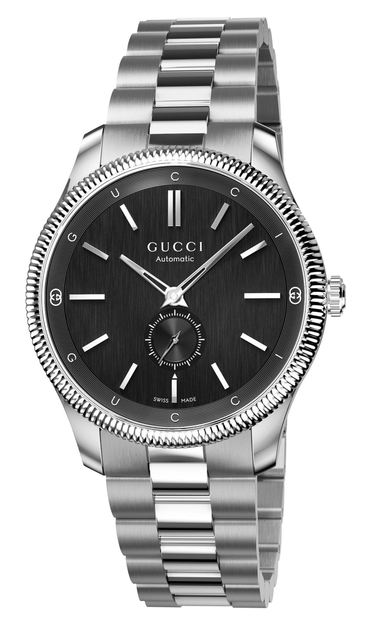 Gucci G - Timeless Automatic Stainless Steel Black Dial Mens Watch YA126388 - Watches & Beyond