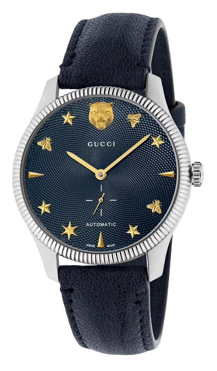 Gucci G-Timeless Automatic Stainless Steel Blue Dial Blue Leather Strap Unisex Watch YA126347 - Watches & Beyond