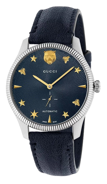 Gucci G-Timeless Automatic Stainless Steel Blue Dial Blue Leather Strap Unisex Watch YA126347 - Watches & Beyond