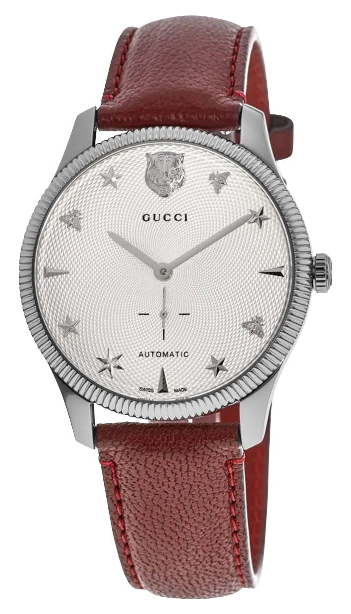 Gucci G - Timeless Automatic Stainless Steel Silver Dial Red Leather Strap Unisex Watch YA126346 - Watches & Beyond