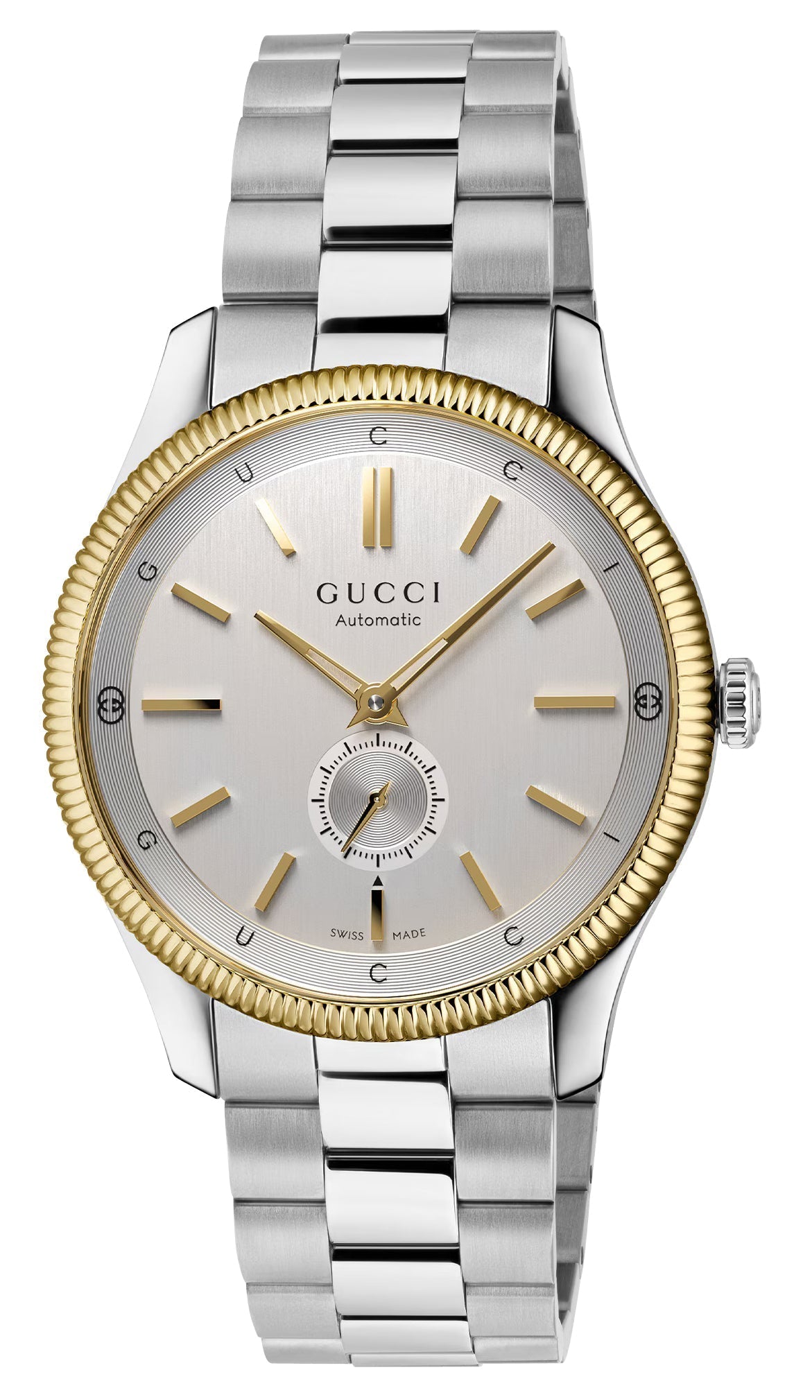 Gucci G - Timeless Automatic Stainless Steel & Yellow Gold PVD Silver Dial Mens Watch YA126390 - Watches & Beyond