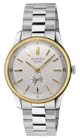 Gucci G - Timeless Automatic Stainless Steel & Yellow Gold PVD Silver Dial Mens Watch YA126390 - Watches & Beyond