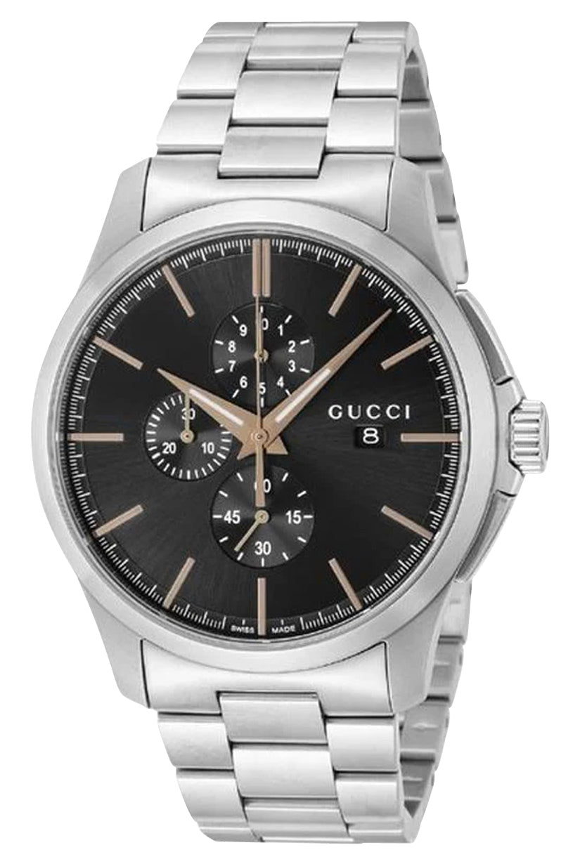 Gucci G - Timeless Chronograph Stainless Steel Black Dial Date Quartz Mens Watch YA126272 - Watches & Beyond