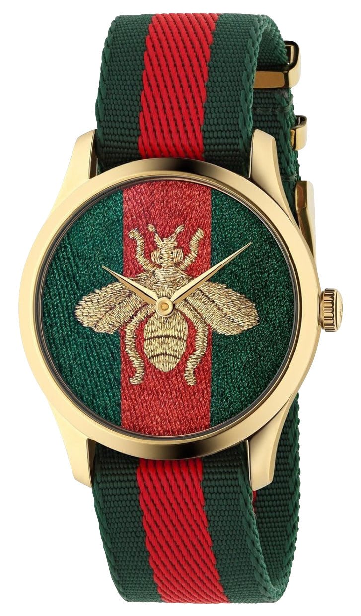 Gucci G - Timeless Le Marche Des Merveilles Yellow Gold PVD Green/Red Dial Green/Red Nylon Strap Quartz Unisex Watch YA126487B - Watches & Beyond
