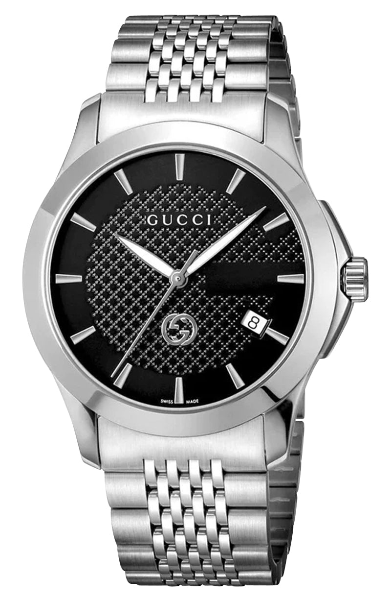 Gucci G - Timeless Stainless Steel Black Dial Date Quartz Mens Watch YA1264106 - Watches & Beyond