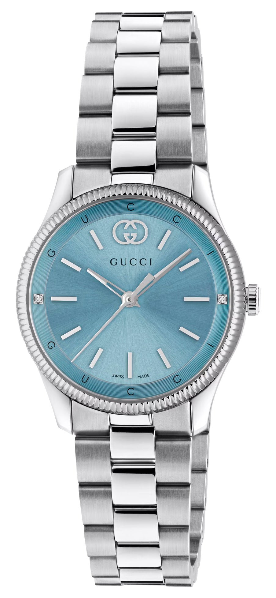 Gucci G - Timeless Stainless Steel Blue Dial Diamonds Quartz Womens Watch YA1265068 - Watches & Beyond