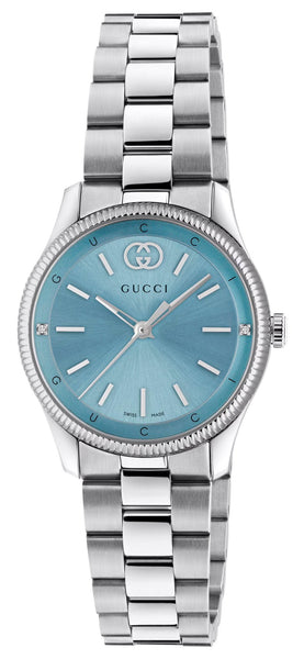 Gucci G - Timeless Stainless Steel Blue Dial Diamonds Quartz Womens Watch YA1265068 - Watches & Beyond
