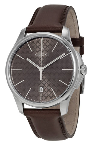 Gucci G - Timeless Stainless Steel Brown Dial Brown Leather Strap Date Quartz Mens Watch YA126318 - Watches & Beyond