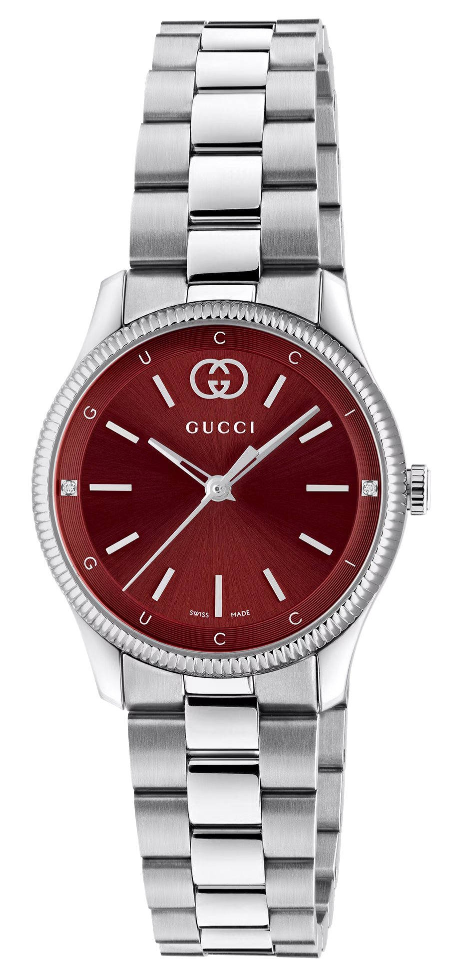 Gucci G - Timeless Stainless Steel Burgundy Dial Diamonds Quartz Womens Watch YA1265069 - Watches & Beyond