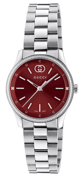 Gucci G - Timeless Stainless Steel Burgundy Dial Diamonds Quartz Womens Watch YA1265069 - Watches & Beyond