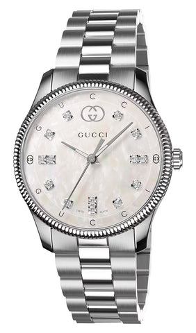 Gucci G - Timeless Stainless Steel Mother - of - Pearl Dial Diamonds Quartz Womens Watch YA1265064 - Watches & Beyond