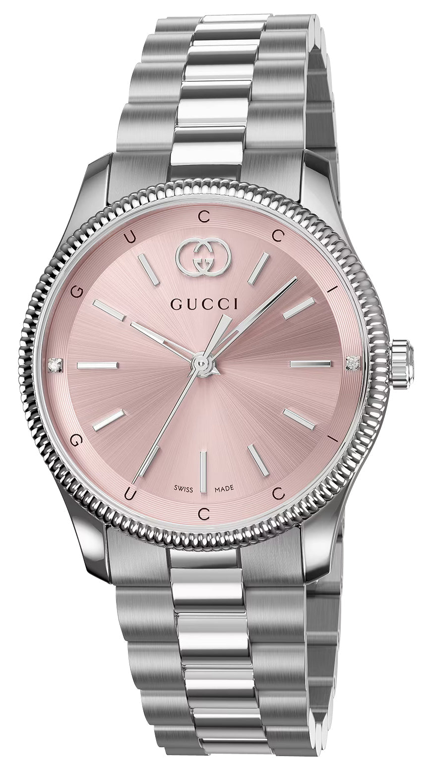Gucci G-Timeless Stainless Steel Pink Dial Diamonds Quartz Womens Watch YA1265061 - Watches & Beyond