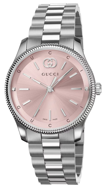 Gucci G-Timeless Stainless Steel Pink Dial Diamonds Quartz Womens Watch YA1265061 - Watches & Beyond
