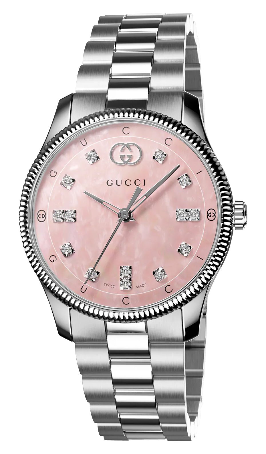 Gucci G - Timeless Stainless Steel Pink Mother - of - Pearl Dial Diamonds Quartz Womens Watch YA1265062 - Watches & Beyond