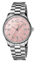 Gucci G-Timeless Stainless Steel Pink Mother-of-Pearl Dial Diamonds Qu