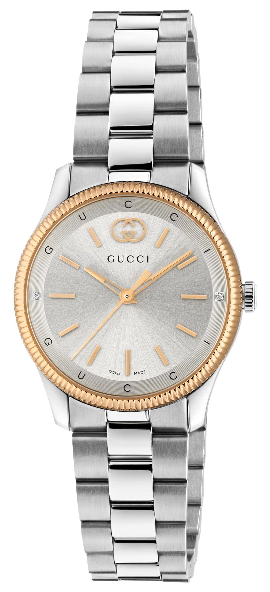 Gucci G-Timeless Stainless Steel & Rose Gold PVD Silver Dial Diamonds Quartz Womens Watch YA1265070 - Watches & Beyond