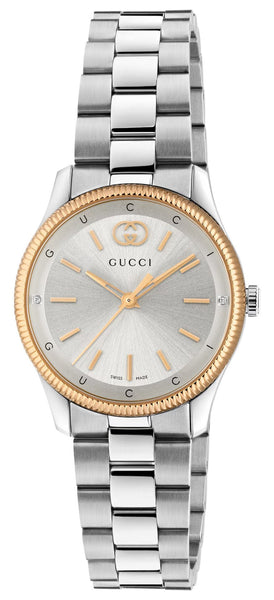 Gucci G-Timeless Stainless Steel & Rose Gold PVD Silver Dial Diamonds Quartz Womens Watch YA1265070 - Watches & Beyond