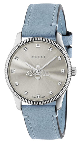 Gucci G - Timeless Stainless Steel Silver Dial Blue Leather Strap Quartz Womens Watch YA1265039 - WAB - Shipping Dept.