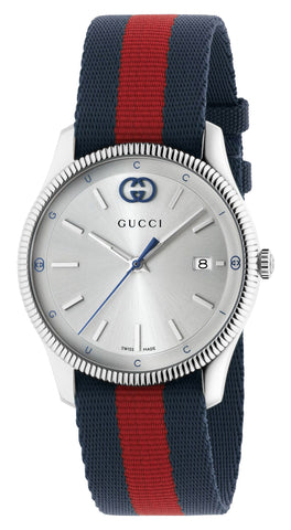 Gucci G - Timeless Stainless Steel Silver Dial Blue/Red Nylon Strap Date Quartz Unisex Watch YA1264237 - Watches & Beyond