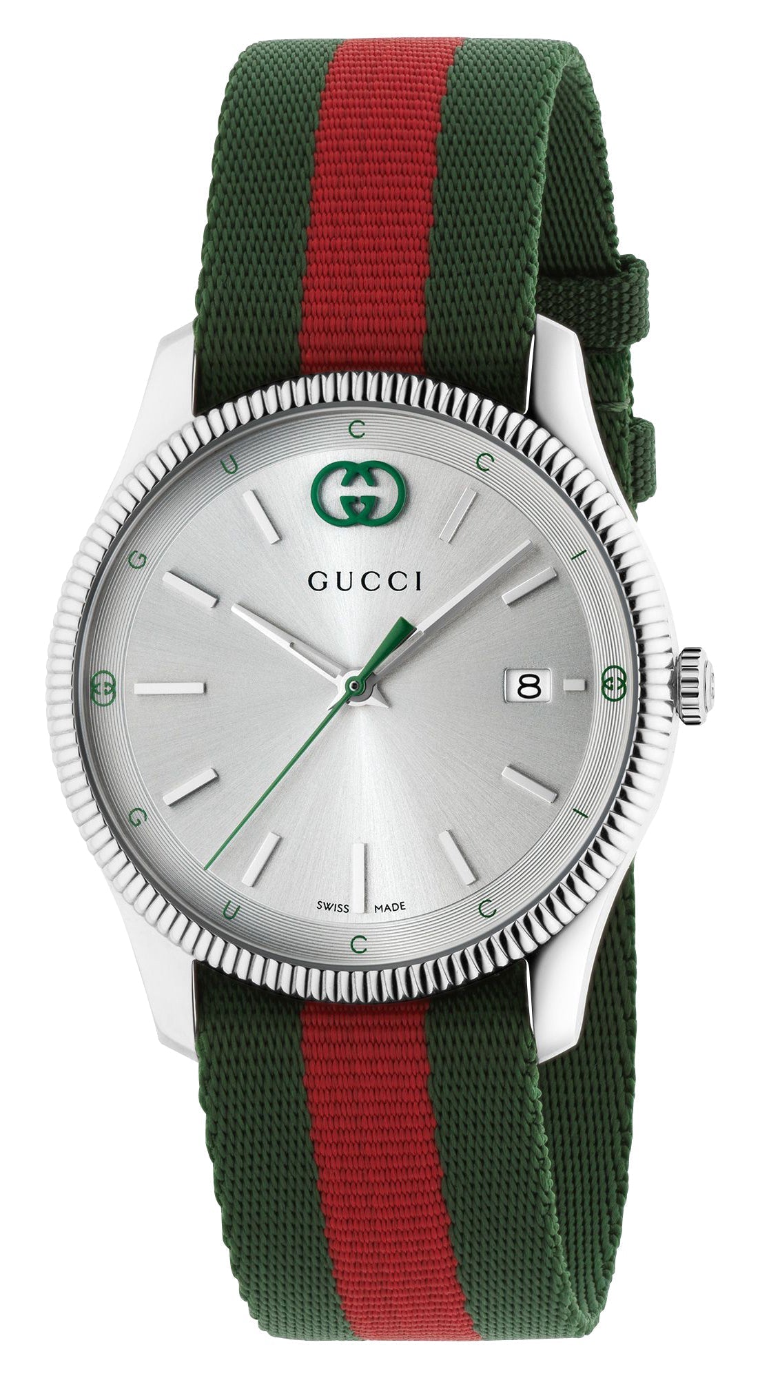 Gucci G - Timeless Stainless Steel Silver Dial Green/Red Nylon Strap Date Quartz Unisex Watch YA1264236 - Watches & Beyond