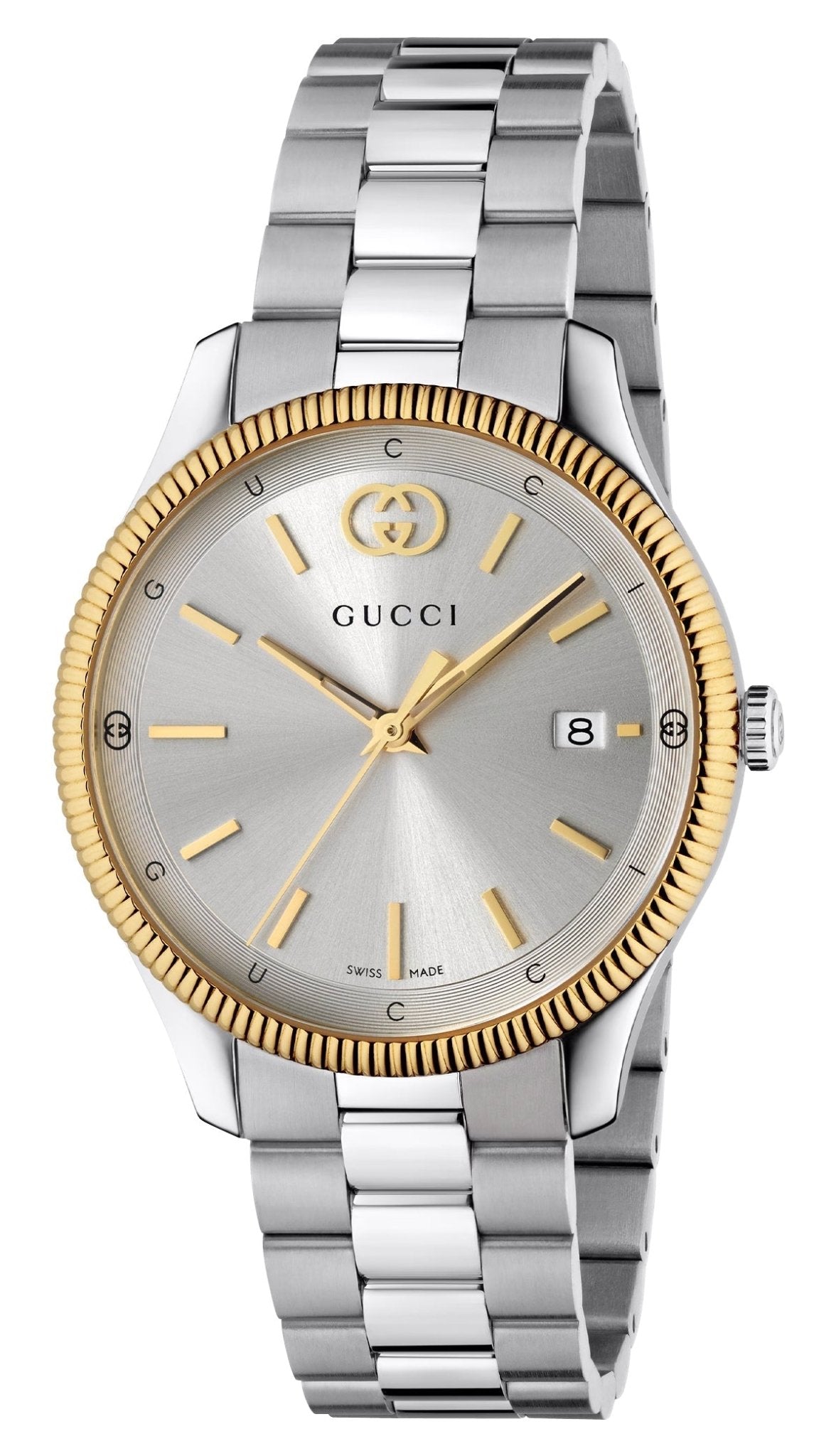 Gucci G - Timeless Stainless Steel & Yellow Gold PVD Silver Dial Date Quartz Unisex Watch YA1264233 - Watches & Beyond