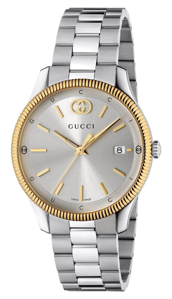 Gucci G - Timeless Stainless Steel & Yellow Gold PVD Silver Dial Date Quartz Unisex Watch YA1264233 - Watches & Beyond