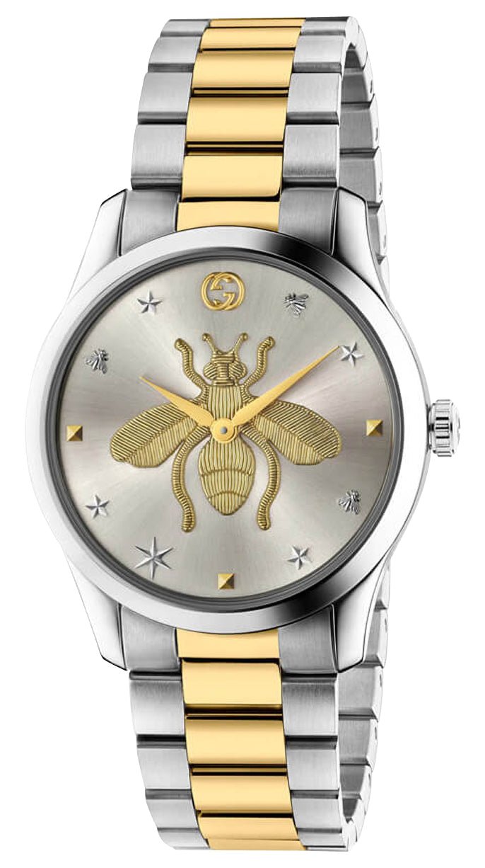 Gucci G-Timeless Stainless Steel & Yellow Gold PVD Silver Dial Quartz Womens Watch YA1264131 - Watches & Beyond