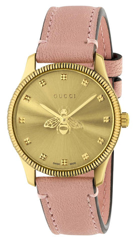 Gucci G - Timeless Yellow Gold PVD Gold Dial Pink Leather Strap Quartz Womens Watch YA1265041 - WAB - Shipping Dept.