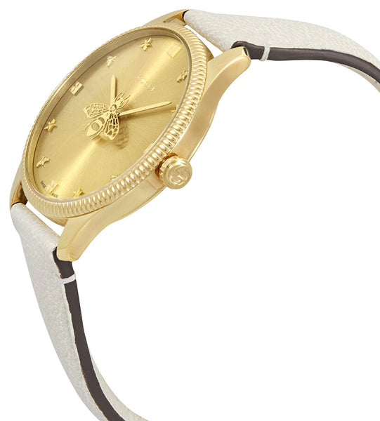 Gucci G-Timeless Yellow Gold PVD Gold Dial White Leather Strap Quartz