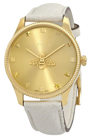 Gucci G - Timeless Yellow Gold PVD Gold Dial White Leather Strap Quartz Womens Watch YA1264180 - WAB - Shipping Dept.